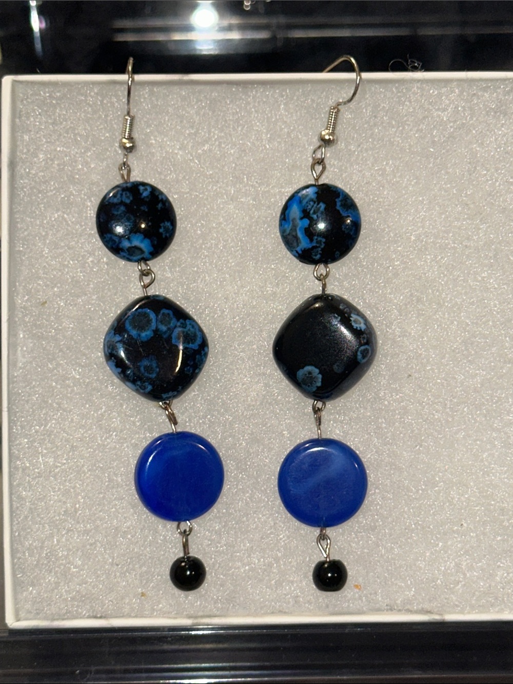 Handmade Blue and Black Bead Drop Earrings